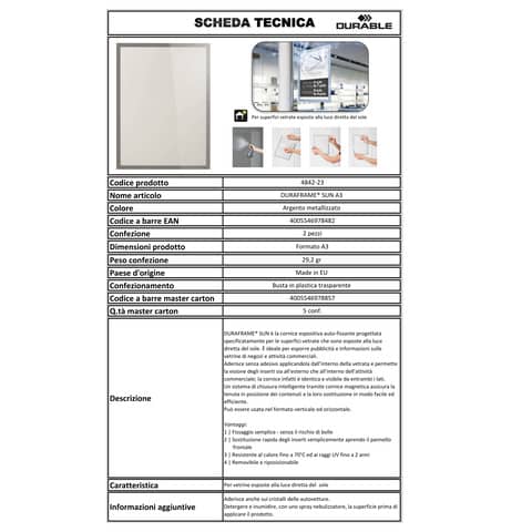 Cornici autofissanti DURABLE DURAFRAME® SUN A3 argento metallizzato 323x446mm  conf. 2 - 484223